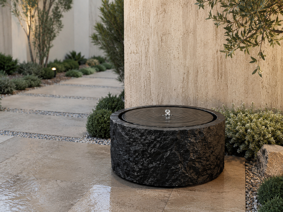 Round Natural Black Stone Water Feature